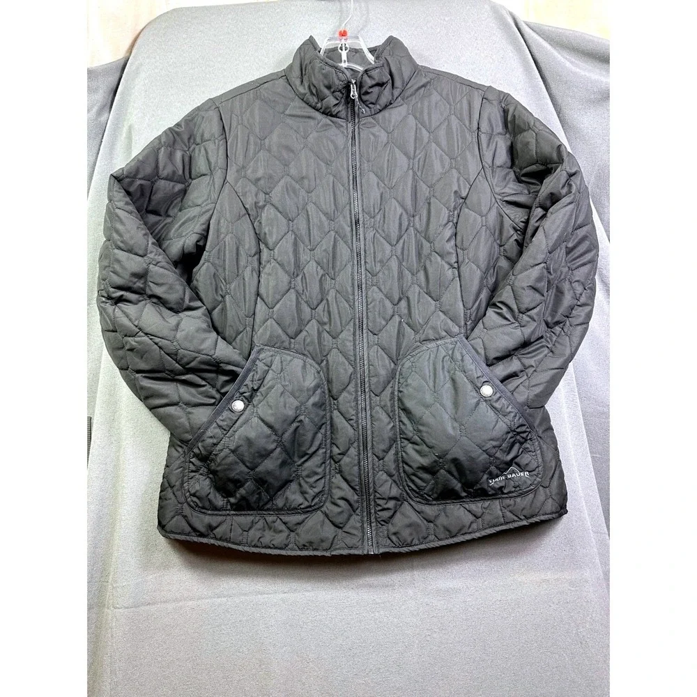 Eddie Bauer Women Black Diamond Quilted Full Zip Jacket Coat Mock Neck Pockets L
